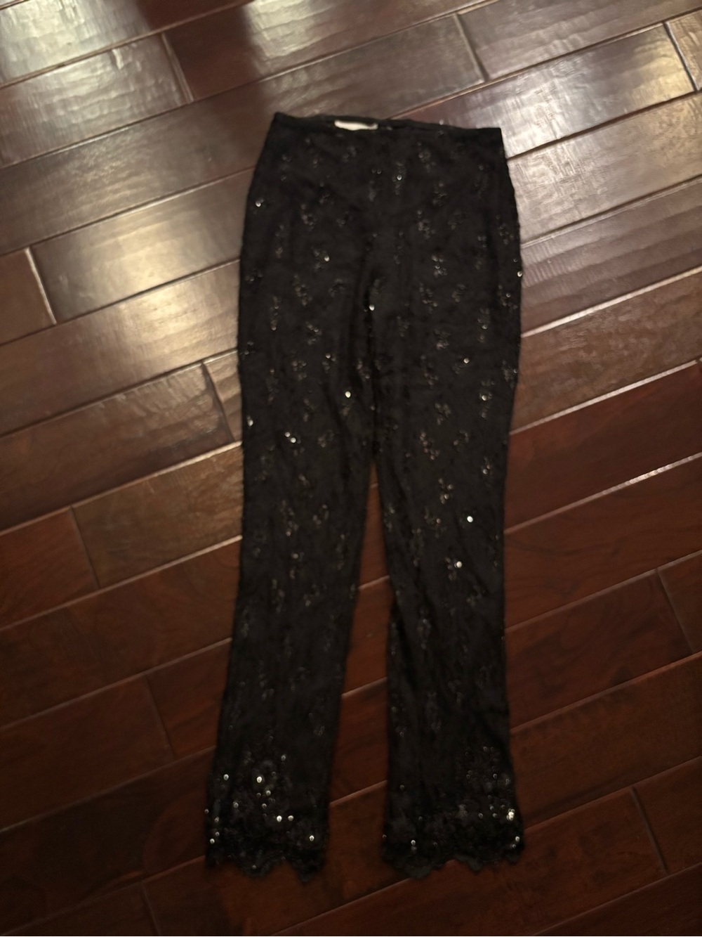 Badgley Mischka Black Sequin Lace Straight-Leg Pants